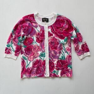 Vtg Y2K Bob Mackie Wearable Art Pink Rose Knit Cardigan Sweater / Sz S / Floral